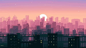 Pixel Art Cityscape at Sunset with Pink Sky and Urban Silhouettes HD wallpaper