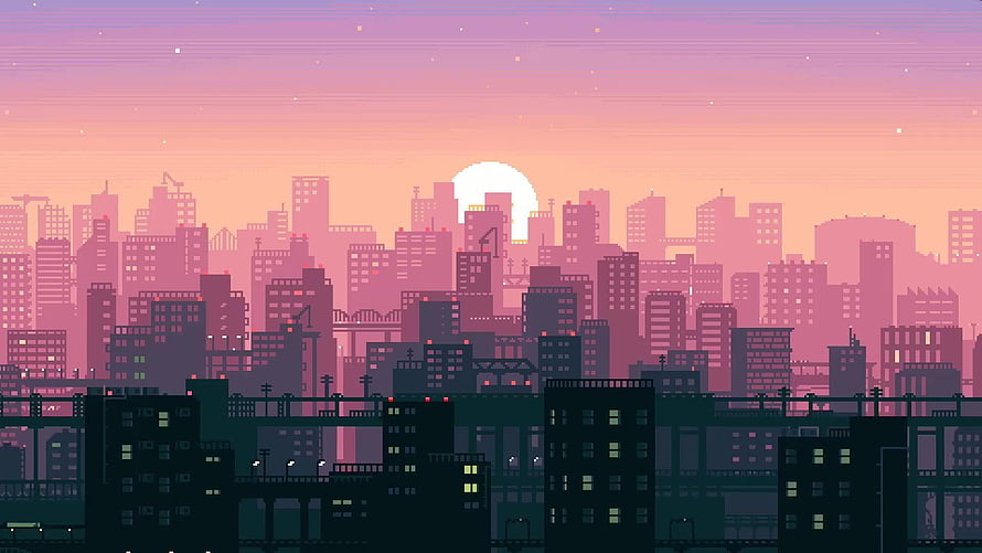 Pixel Art Cityscape at Sunset with Pink Sky and Urban Silhouettes HD wallpaper