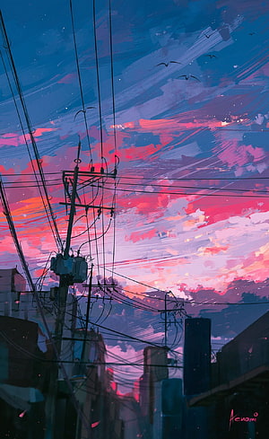 Vibrant Anime Style Sunset Sky Over City Power Lines HD phone wallpaper