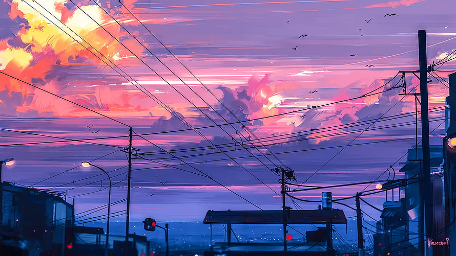 Vibrant Sunset Over Urban Cityscape With Power Lines And Birds HD wallpaper