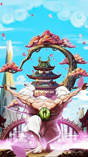 Muscular samurai warrior wielding dual swords in a dynamic pose before a traditional Japanese castle and cherry blossom tree HD phone wallpaper