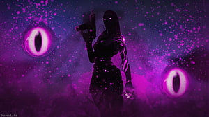 Reyna Valorant Silhouette with Glowing Purple Eyes and Floating Orbs in Dark Fantasy Setting HD wallpaper