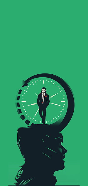Joker Character Standing Inside A Clock Within A Silhouette Head Green Background HD phone wallpaper