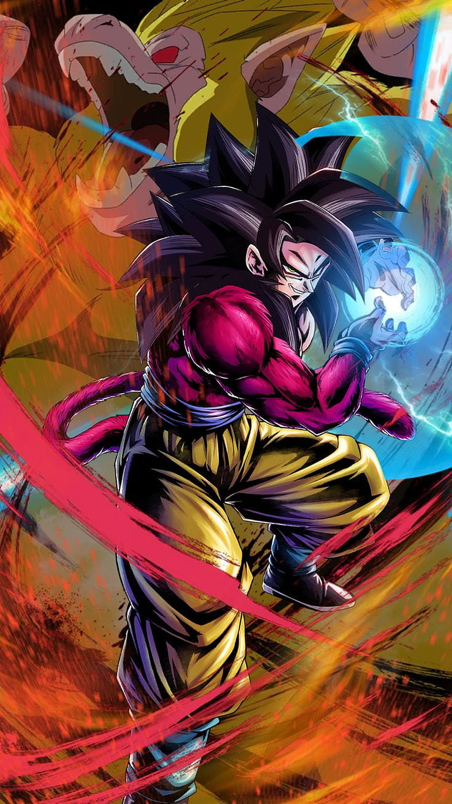 Goku Super Saiyan 4 charging a Kamehameha in a dynamic Dragon Ball Z battle scene HD phone wallpaper