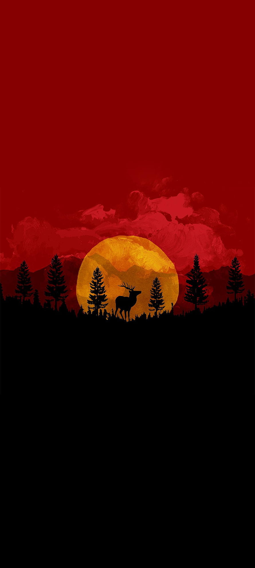 Silhouette of a Stag in Pine Forest Against a Giant Red Moon HD phone wallpaper