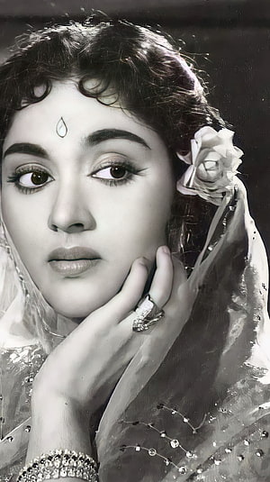 Madhubala Vintage Bollywood Actress Portrait With Floral Headpiece And Traditional Jewelry HD phone wallpaper