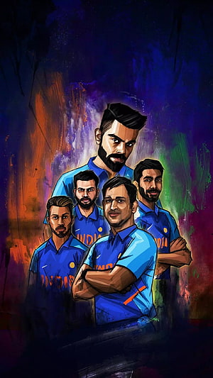 Illustrated Indian Cricket Team in Blue Jerseys with Vibrant Abstract Background HD phone wallpaper
