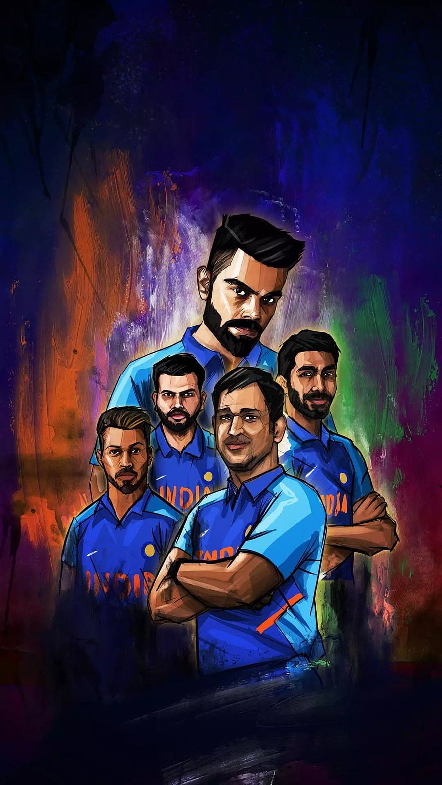 Illustrated Indian Cricket Team in Blue Jerseys with Vibrant Abstract Background HD phone wallpaper