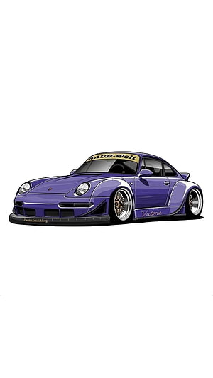 Purple Widebody Porsche 911 Cartoon Illustration with Custom Wheels and Stickers HD phone wallpaper