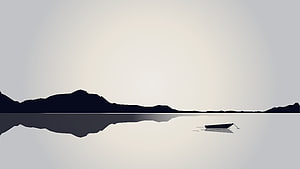Minimalist Black and White Landscape with Silhouetted Mountains and a Lone Boat on a Calm Lake HD wallpaper