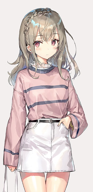 Anime Girl With Braided Hair Wearing Pink Striped Sweater And White Skirt HD phone wallpaper