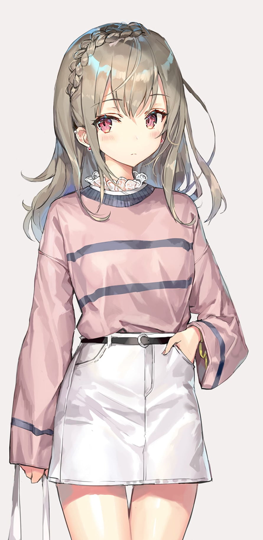 Anime Girl With Braided Hair Wearing Pink Striped Sweater And White Skirt HD phone wallpaper