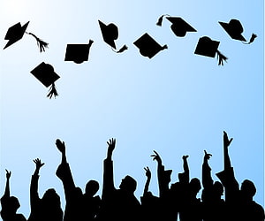 Graduation Day Celebration Silhouette with Tossed Caps Against Blue Sky HD wallpaper