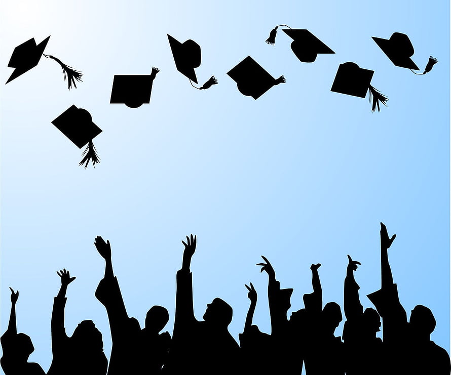Graduation Day Celebration Silhouette with Tossed Caps Against Blue Sky HD wallpaper