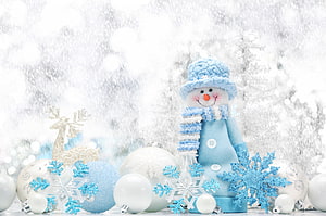 Festive Blue Snowman Figurine with Snowflakes and Christmas Ornaments in Winter Scene, Happy Holidays, bokeh, holidays, graphy, beauty, xmas, holiday, christmas decoration, magic christmas, new year, christmas balls, merry christmas, magic, balls, beautiful, snowman, happy new year, decoration, pretty, christmas, ball, decorations, lovely HD wallpaper
