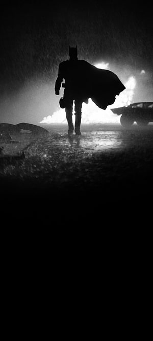 The Batman Silhouette Walking Through Rain and Fire in Black and White, The Batman, TheBatman, Vengeance, DC HD phone wallpaper