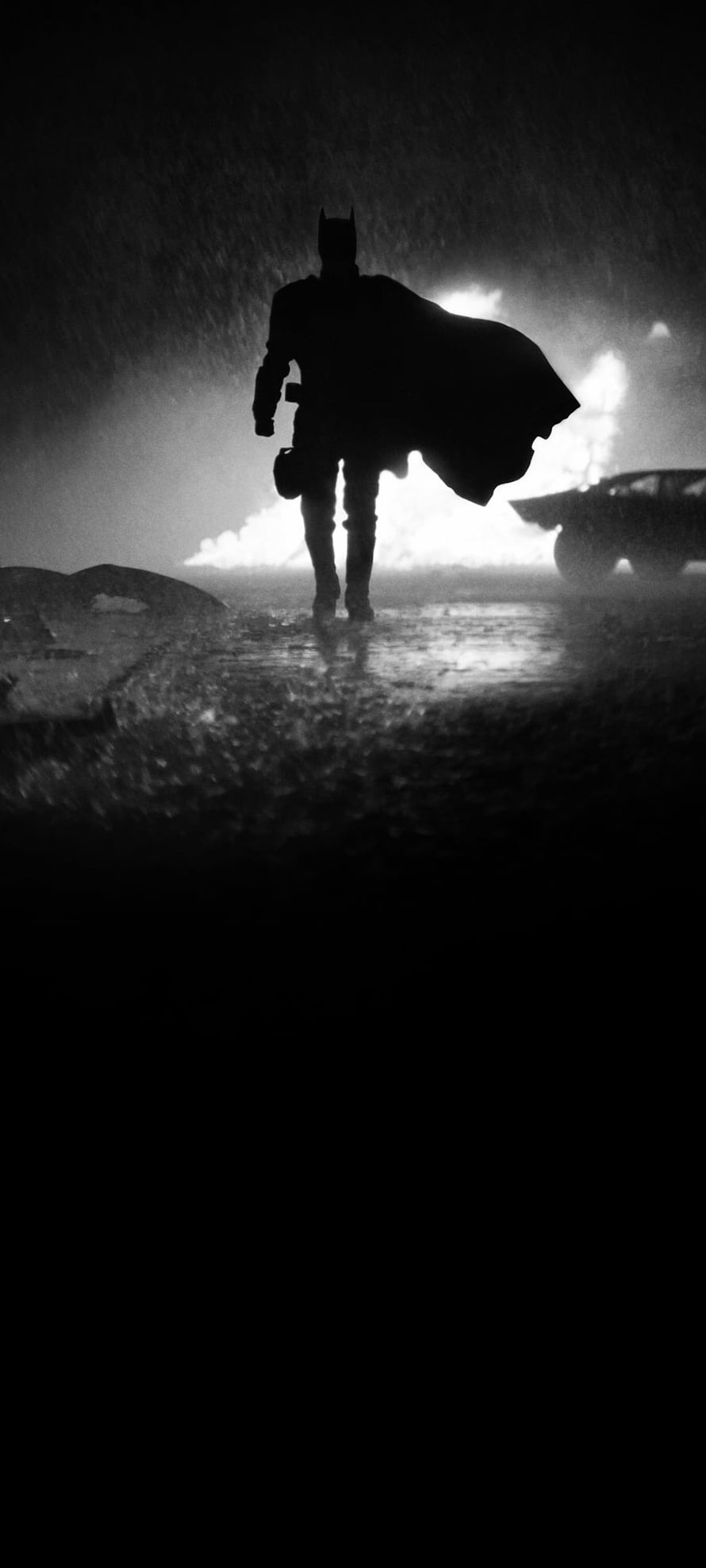 The Batman Silhouette Walking Through Rain and Fire in Black and White, The Batman, TheBatman, Vengeance, DC HD phone wallpaper