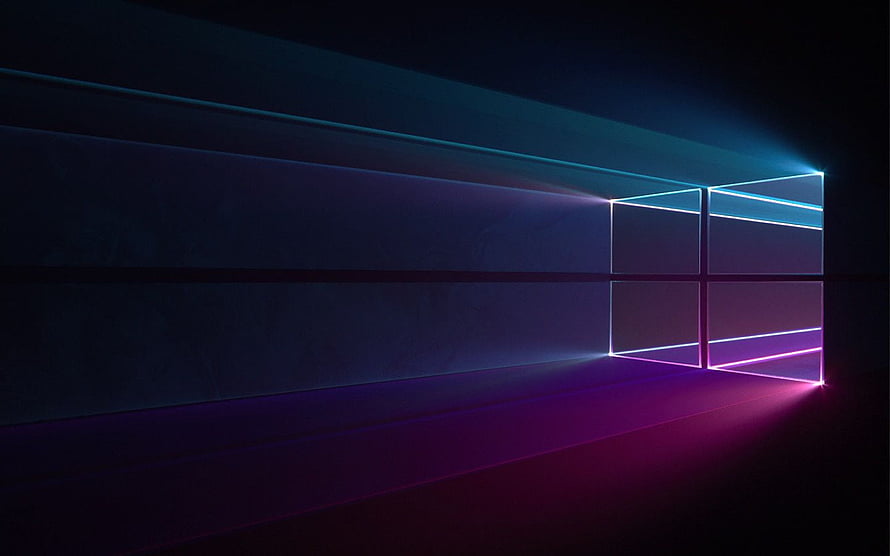 Neon Geometric Windows Logo in Dark Cyberpunk Corridor with Cyan and Magenta Glow HD wallpaper