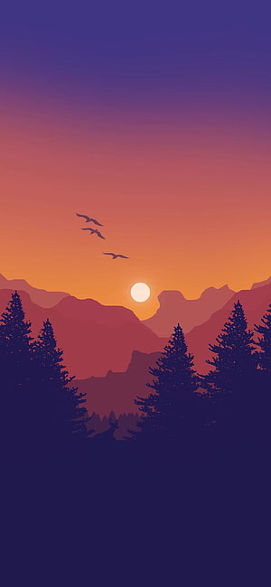 Minimalist Vector Sunset Over Pine Forest And Mountains With Flying Birds HD phone wallpaper