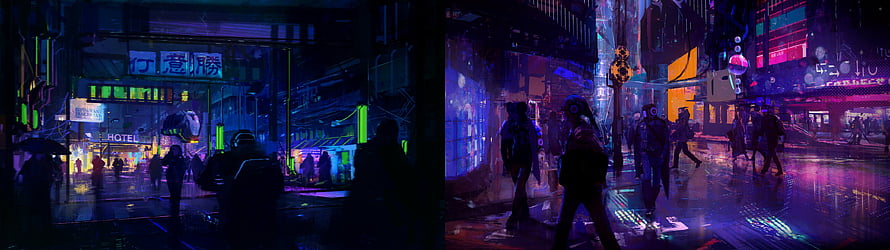 Neon-lit Cyberpunk City Street at Night with Rainy Reflections and Futuristic Architecture HD wallpaper