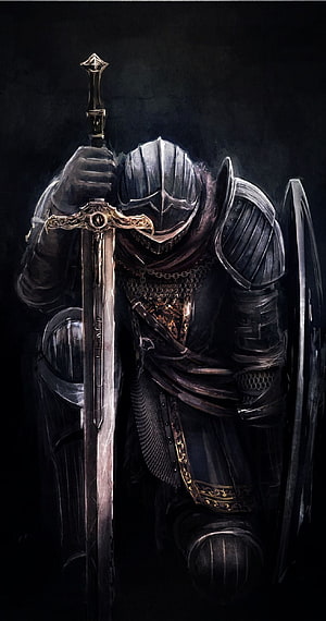 Dark Fantasy Knight Kneeling in Full Plate Armor with Ornate Sword and Shield HD phone wallpaper