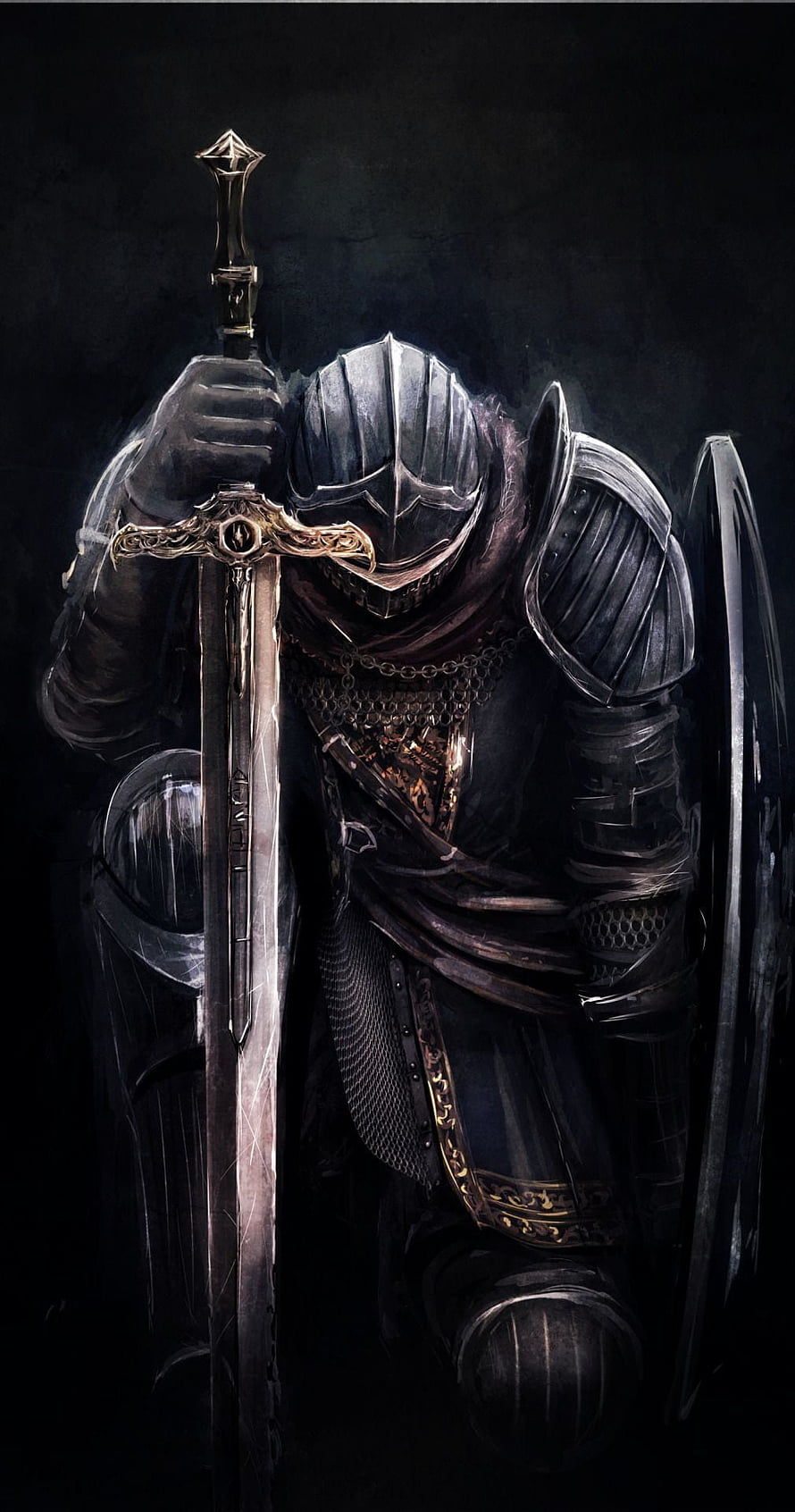 Dark Fantasy Knight Kneeling in Full Plate Armor with Ornate Sword and Shield HD phone wallpaper