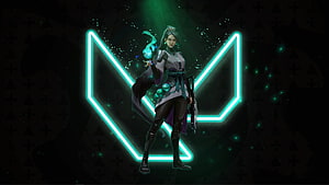 Sage from Valorant Standing Before Glowing Neon Emblem with Green Energy HD wallpaper