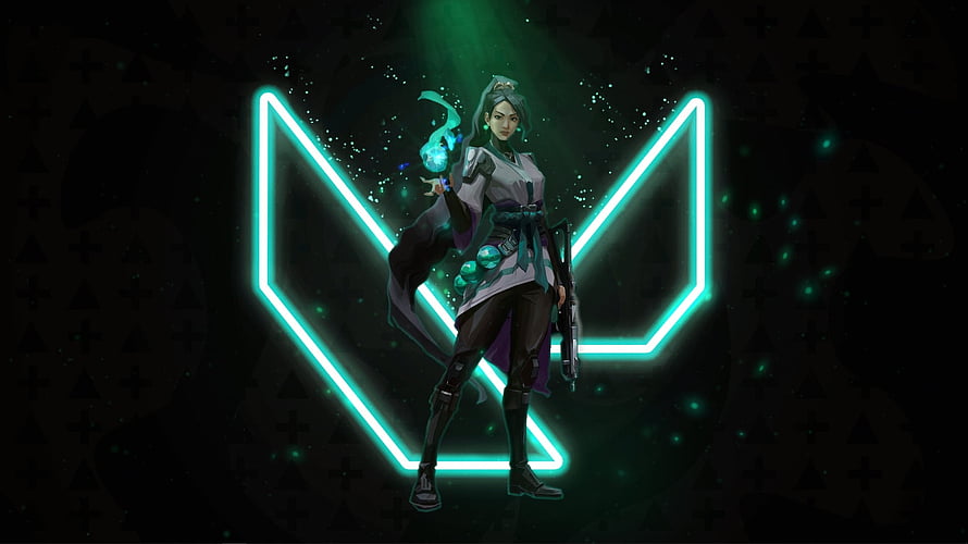 Sage from Valorant Standing Before Glowing Neon Emblem with Green Energy HD wallpaper