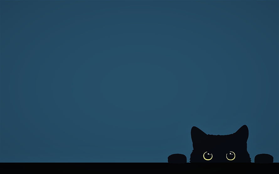Cute Black Cat Peeking Over Edge With Glowing Yellow Eyes On Blue Background HD wallpaper