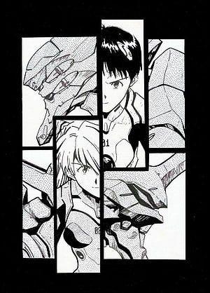 Neon Genesis Evangelion manga style collage featuring Shinji and Rei in black and white panels HD phone wallpaper