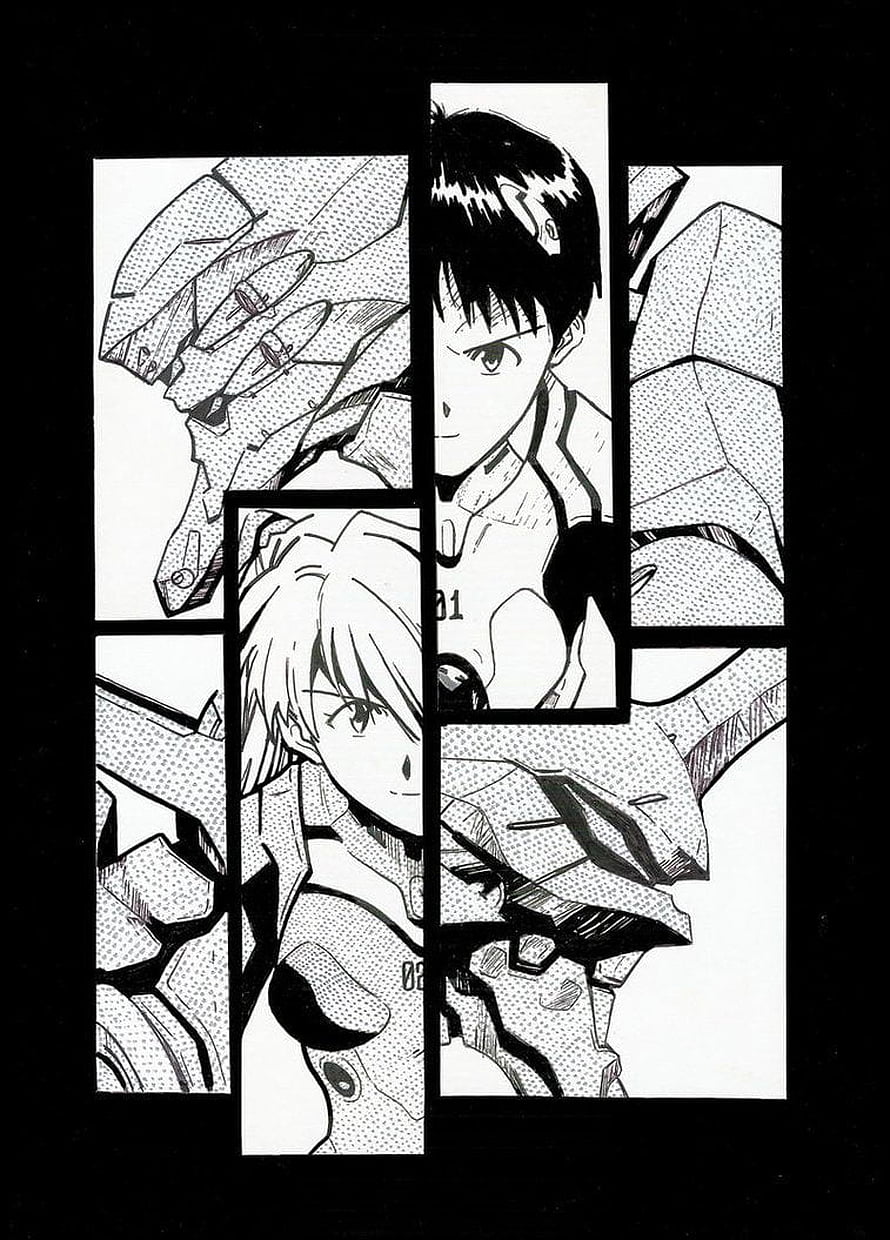 Neon Genesis Evangelion manga style collage featuring Shinji and Rei in black and white panels HD phone wallpaper