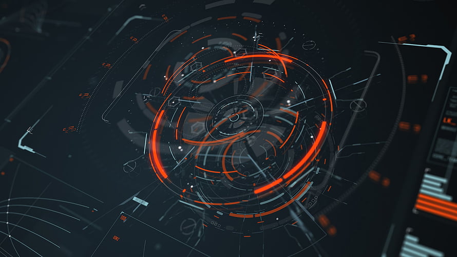 Futuristic Orange Holographic HUD Interface with Circular Data Rings HD wallpaper