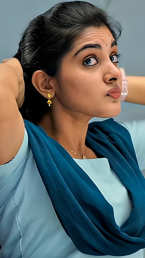 Nivetha Thomas Portrait in Light Blue Attire with Teal Drape and Gold Earrings HD phone wallpaper