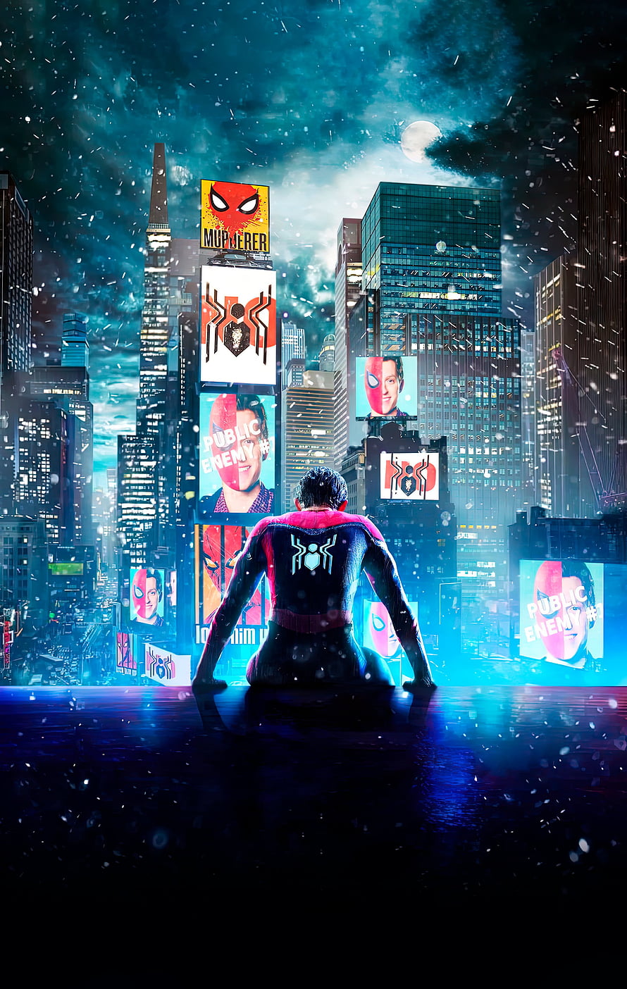 Spider-Man Miles Morales Crouching on Rooftop Overlooking New York City at Night, Spider Man No Way Home, spiderman, Marvel HD phone wallpaper
