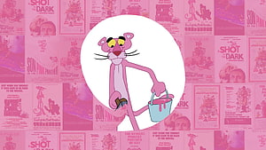 Pink Panther Cartoon Character Holding Paint Bucket Against Movie Poster Collage Background HD wallpaper