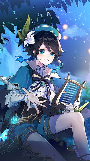 Wanderer Anime Character Playing Harp Under Starry Night Sky HD phone wallpaper