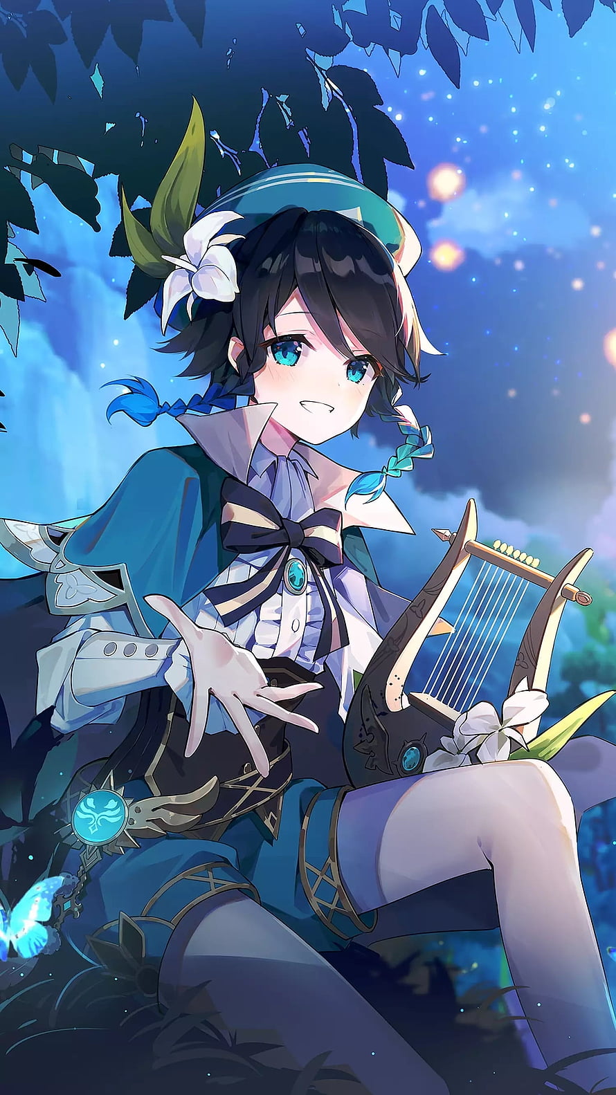 Wanderer Anime Character Playing Harp Under Starry Night Sky HD phone wallpaper