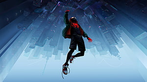Miles Morales Spider-Man Falling Through Futuristic City Skyline, Miles Morales Spider-Man Spider-Man Into The Spider-Verse HD wallpaper