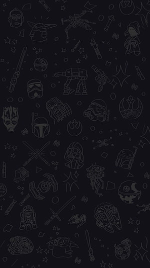 Star Wars Line Art Pattern Wallpaper Featuring Droids, Stormtroopers, and Lightsabers on Dark Background HD phone wallpaper