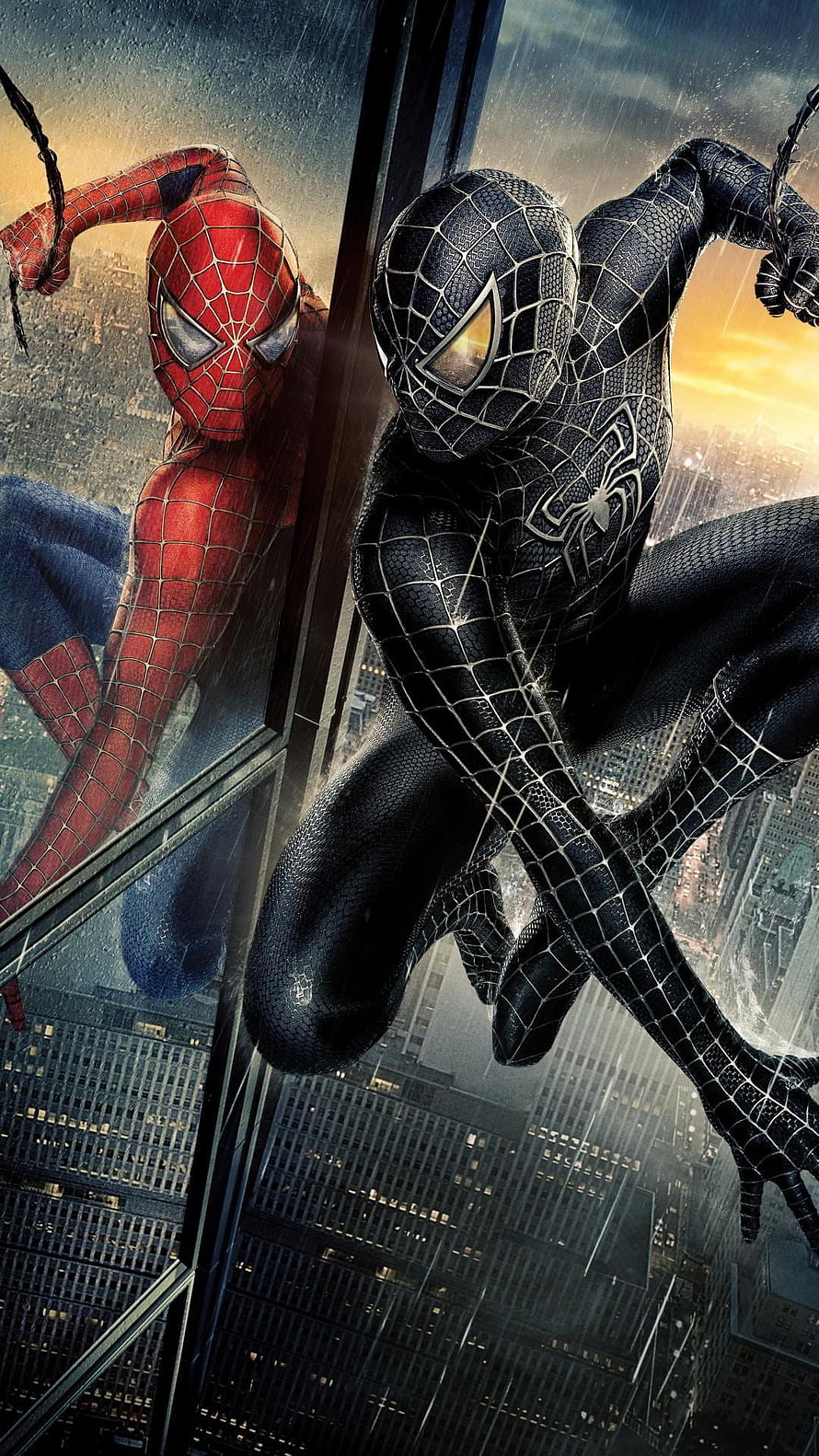 Spider-Man and Black Suit Spider-Man swinging through a rainy city skyline at sunset, Spiderman 3, Spider-Man 3 HD phone wallpaper