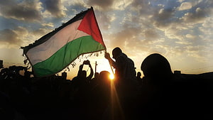 Silhouetted Crowd Waving Palestinian Flag Against Golden Sunset Sky HD wallpaper