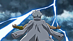 Ryuga from Beyblade channeling lightning energy in a dramatic storm scene HD wallpaper