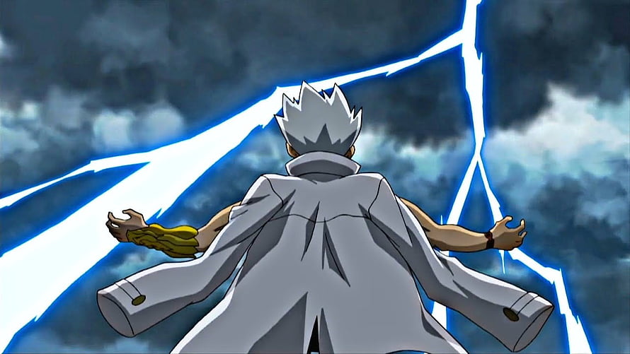 Ryuga from Beyblade channeling lightning energy in a dramatic storm scene HD wallpaper