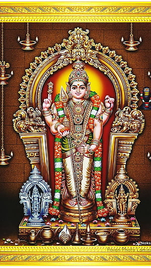 Lord Ayyappa Hindu Deity Wallpaper with Golden Temple Architecture and Oil Lamps HD phone wallpaper