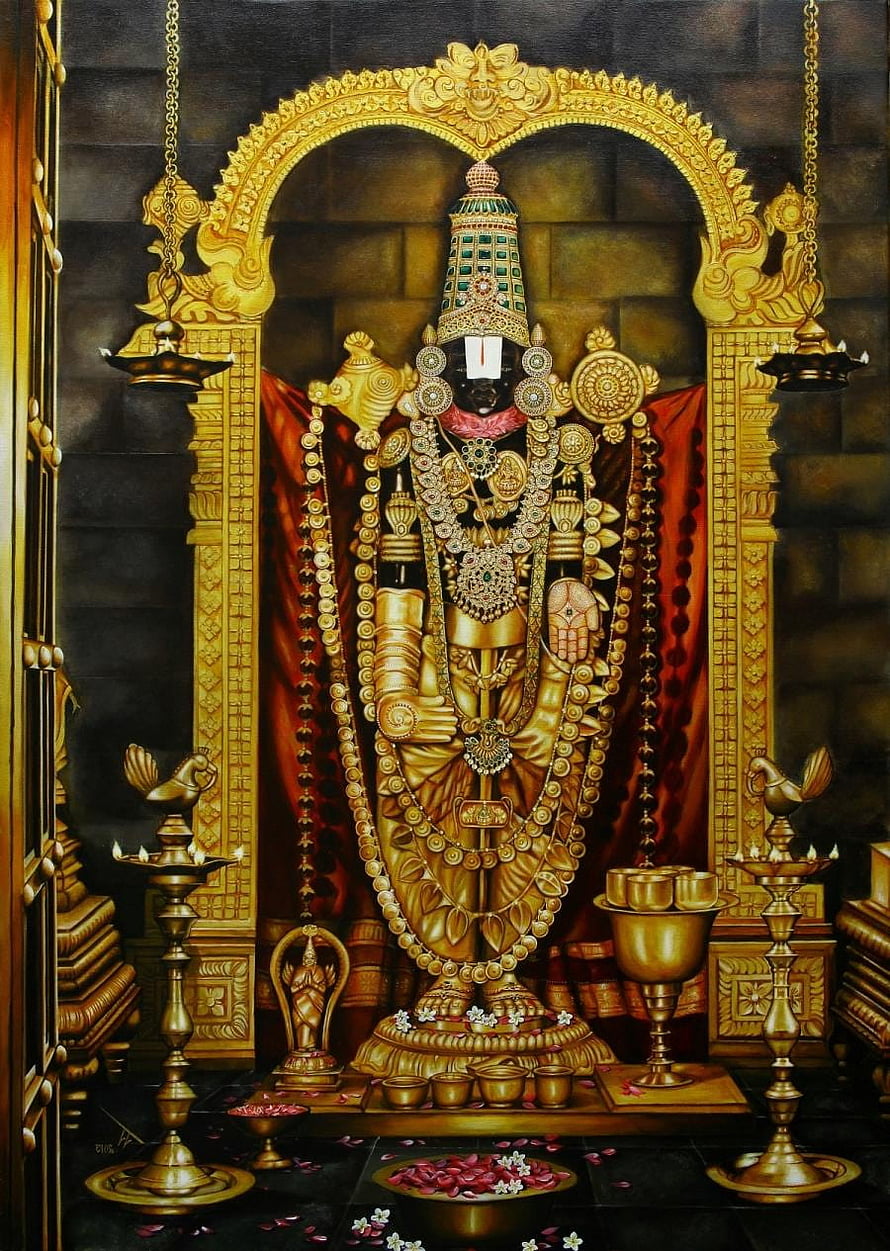 Lord Ayyappa Golden Temple Artwork with Oil Lamps and Offerings HD phone wallpaper