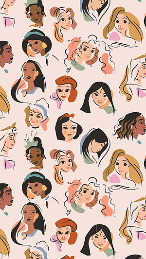 Disney Princesses Illustrated Pattern Wallpaper HD phone wallpaper
