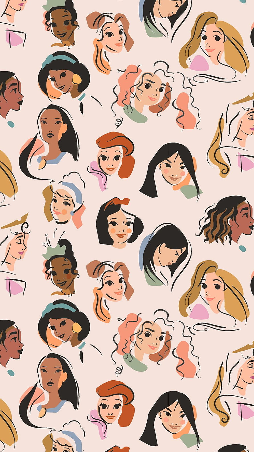 Disney Princesses Illustrated Pattern Wallpaper HD phone wallpaper