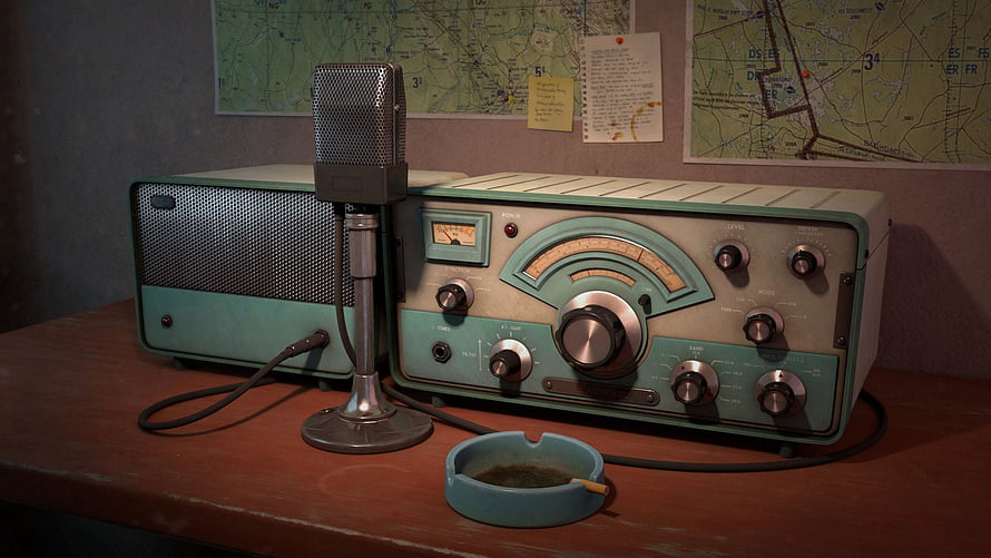 Vintage Amateur Radio Station with Microphone and Maps HD wallpaper