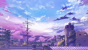 Anime Rooftop Cityscape with Antenna and Purple Sunset Sky HD wallpaper
