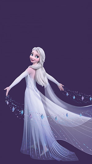 Elsa from Frozen 2 in flowing white gown with sparkling ice crystals against a deep purple background HD phone wallpaper
